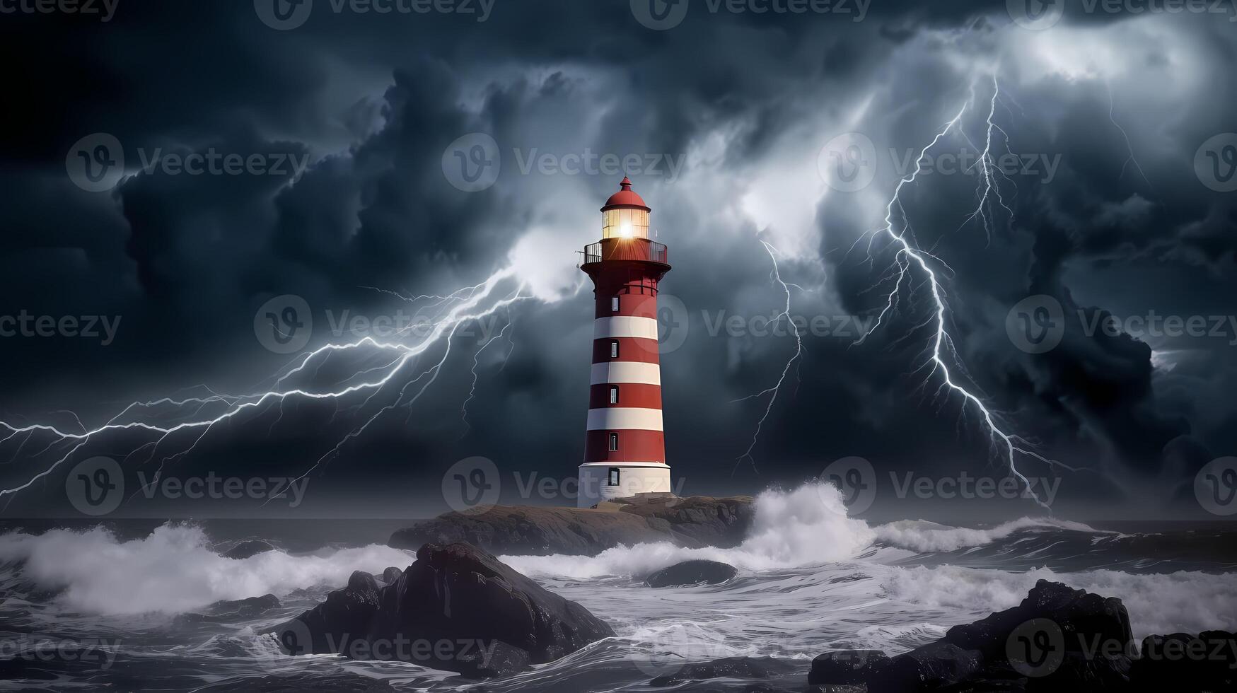 vuurtoren in de midden- van een storm Aan de zee met bliksem in de donker lucht ai generatief foto