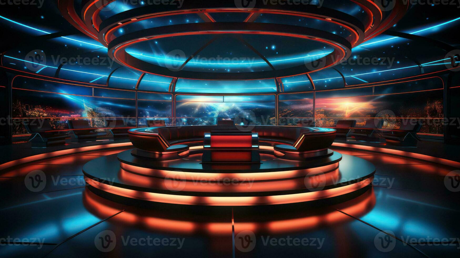 TV nieuws studio met ronde tafel en wit scherm foto
