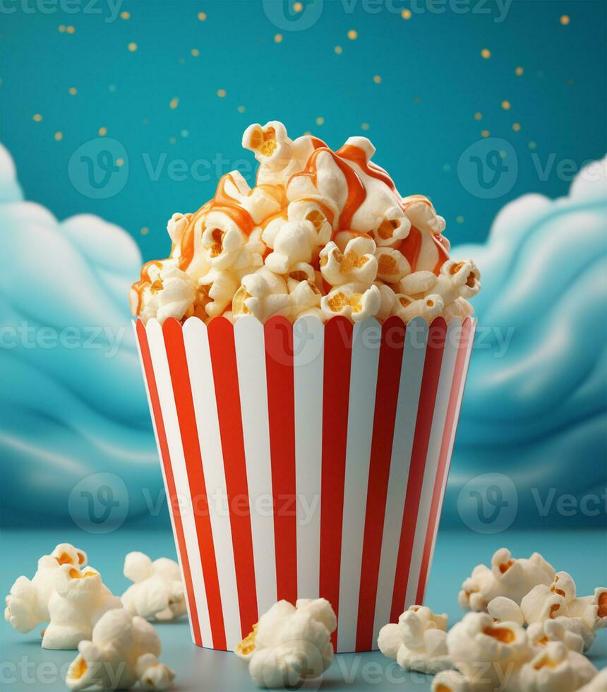 popcorn met rood gestreept doos Aan blauw lucht achtergrond ai gegenereerd foto