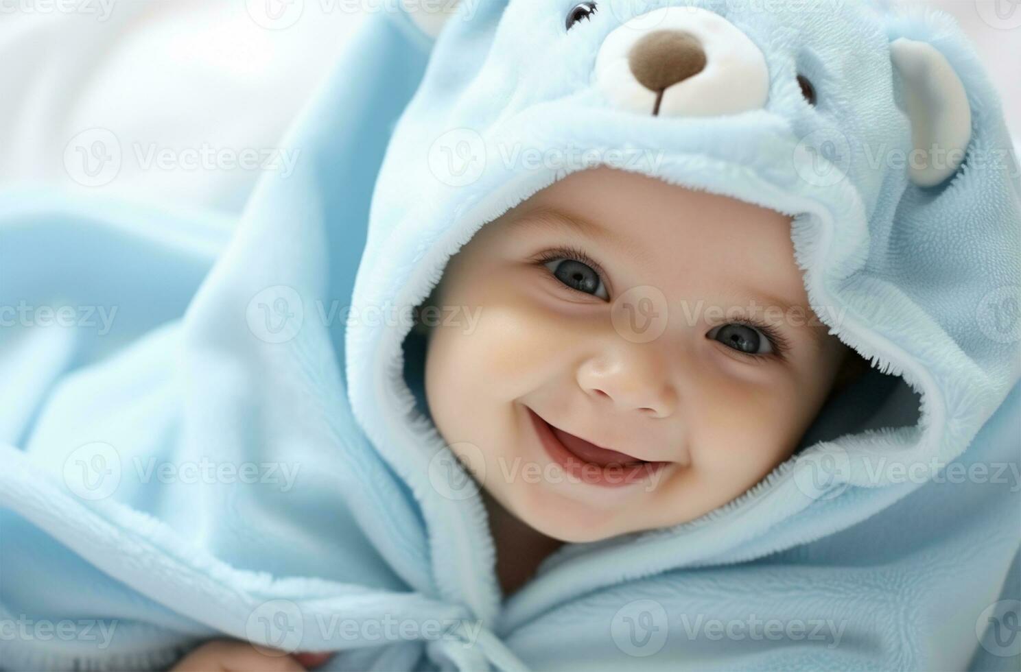 portret van een schattig weinig jongen Aan een blauw kleding stof achtergrond ai gegenereerd foto