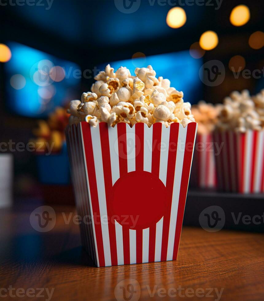 popcorn in rood gestreept doos Aan houten tafel in voorkant van wazig achtergrond ai gegenereerd foto