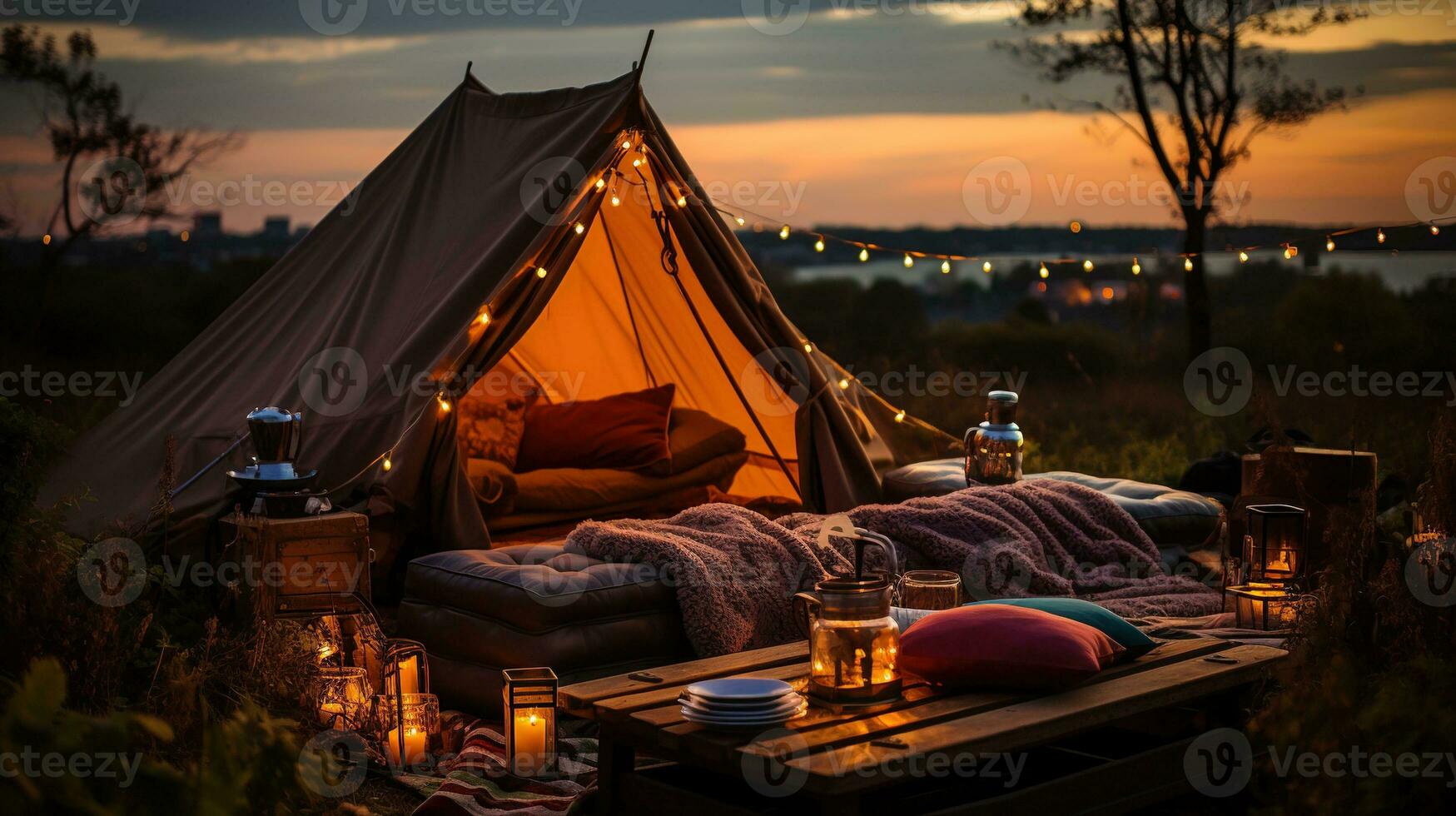 generatief ai, romantisch camping met lantaarn lichten, kussens, deken. stad visie in de avond foto