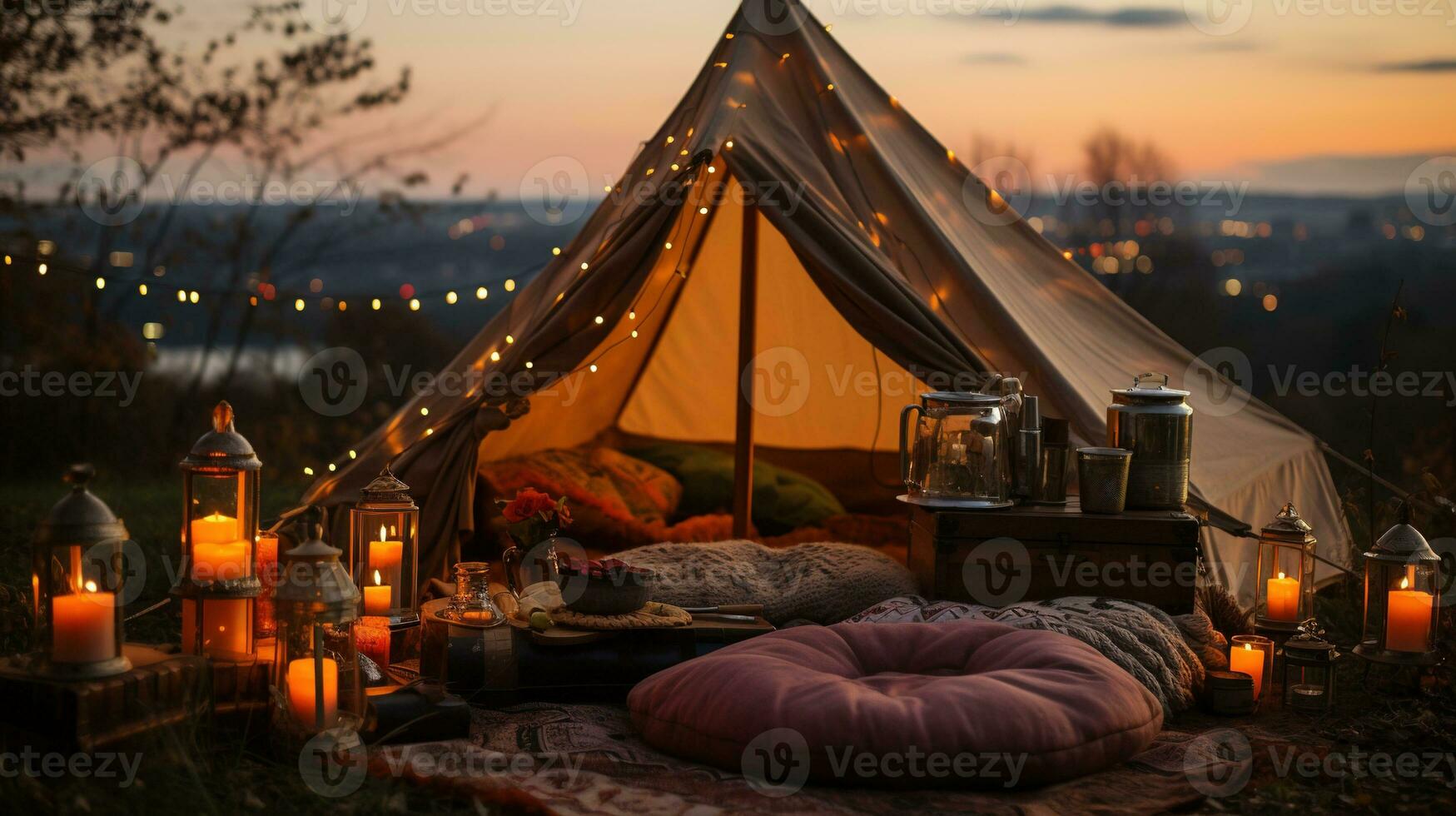 generatief ai, romantisch camping met lantaarn lichten, kussens, deken. stad visie in de avond foto