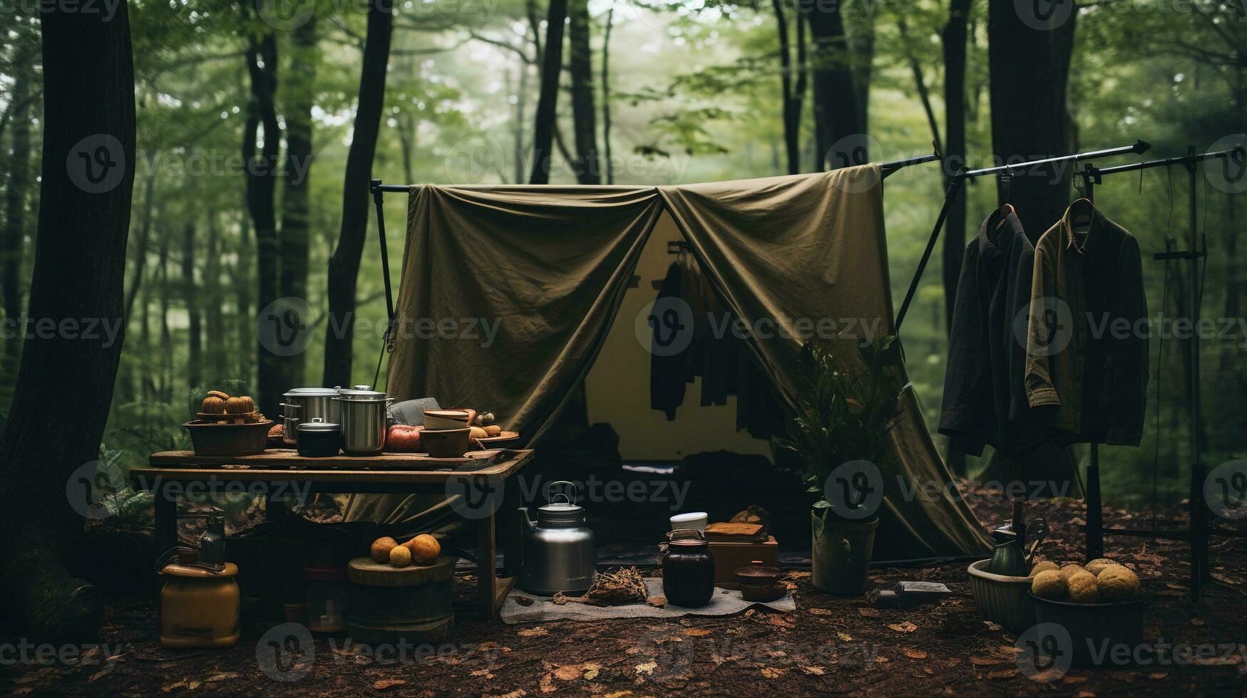 generatief ai, camping buitenshuis concept in neutrale gedempt kleuren, toerist kamp foto