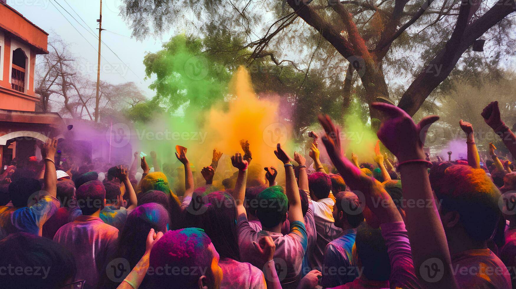 mensen vieren de holi festival van kleuren foto