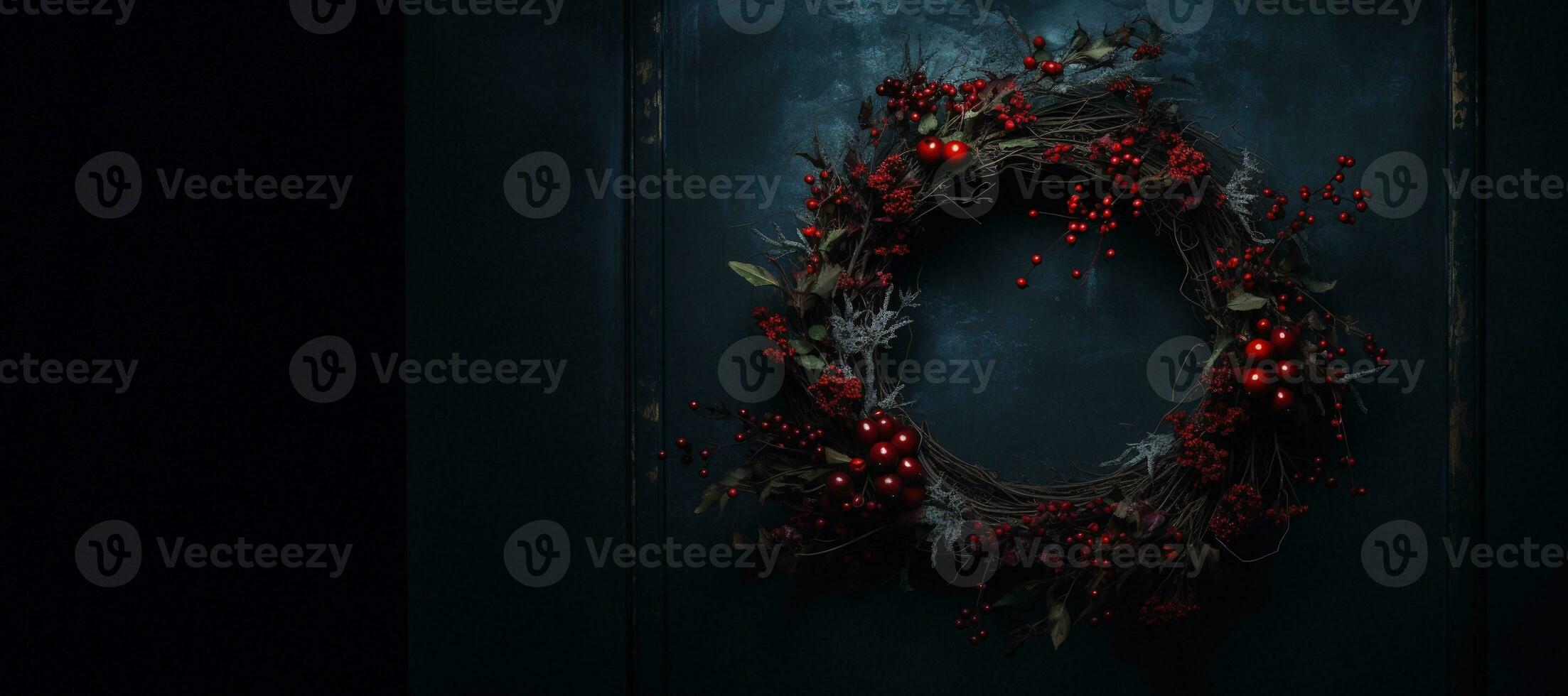 generatief ai, dichtbij omhoog Kerstmis lauwerkrans, droog takken, rood bessen, pijnboom, ballen en bloemen Aan donker humeurig bloemen getextureerde achtergrond. foto