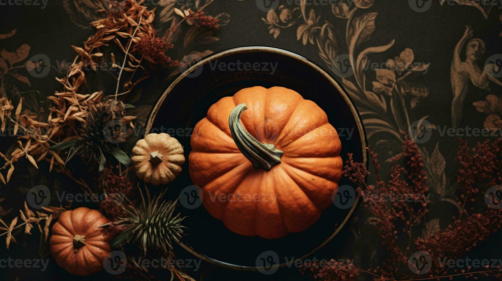 generatief ai, halloween en dankzegging decoratie voor huis en viering concept, pompoenen en planten, herfst achtergrond foto
