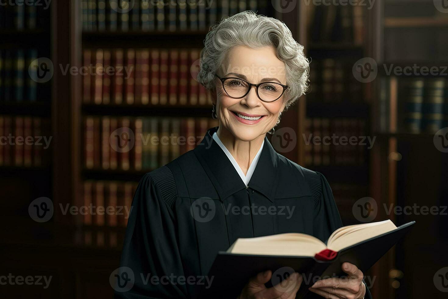 portret van een senior vrouw rechter met boek in rechtszaal foto