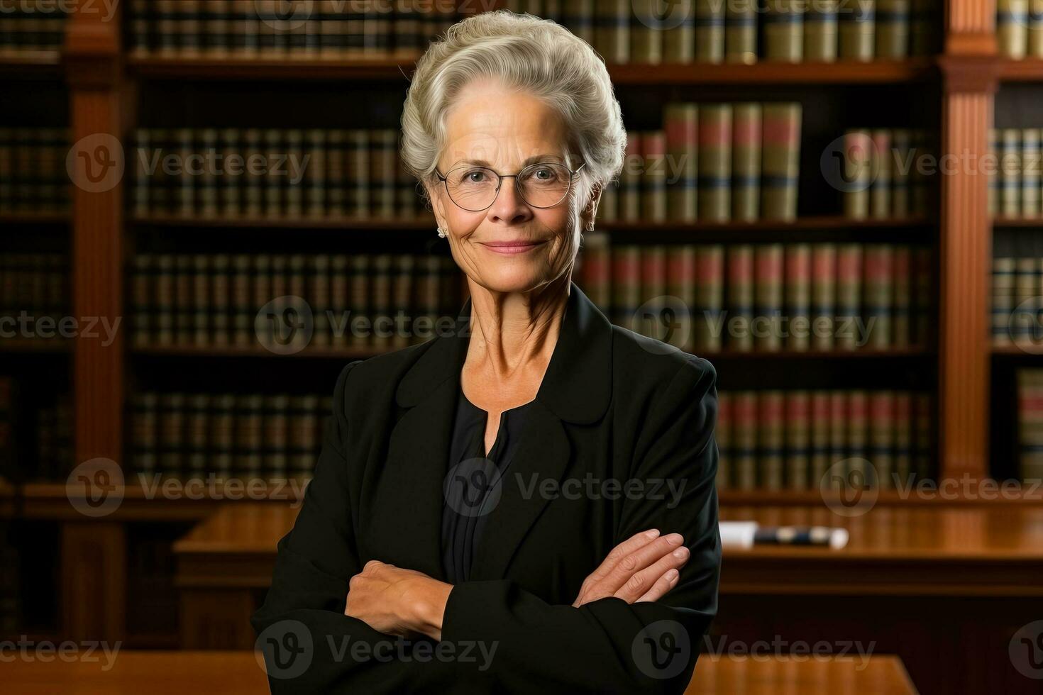 portret van een senior vrouw rechter met boek in rechtszaal foto