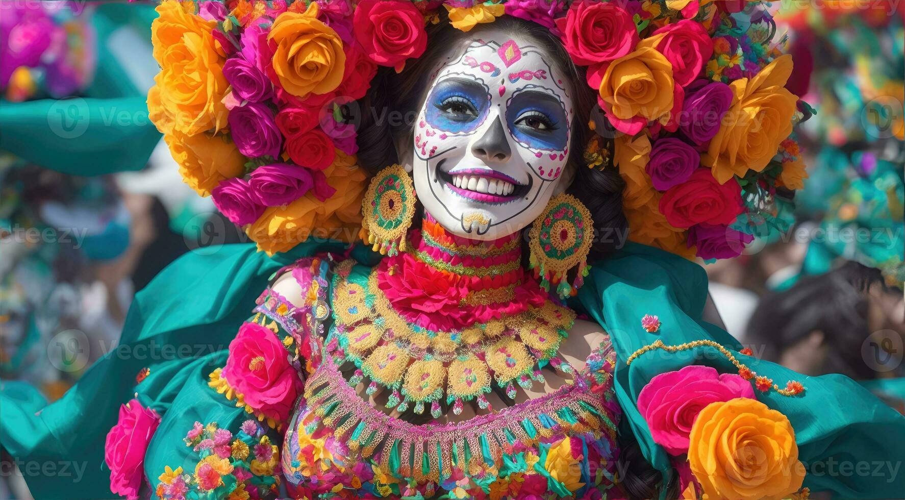 mooi vrouw met geschilderd schedel Aan haar gezicht voor Mexico dag van de dood foto