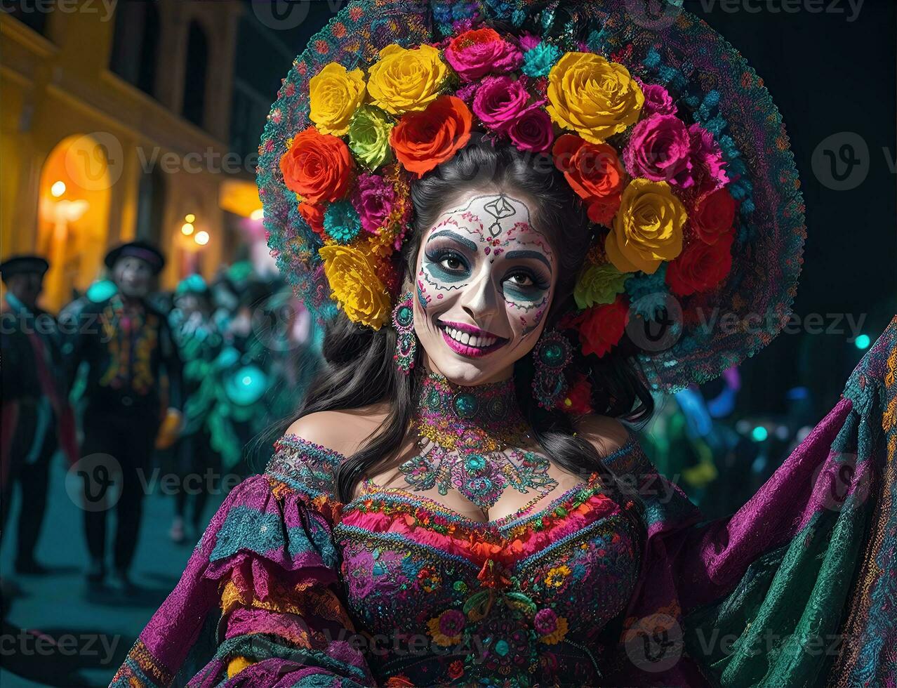 mooi vrouw met geschilderd schedel Aan haar gezicht voor Mexico dag van de dood foto
