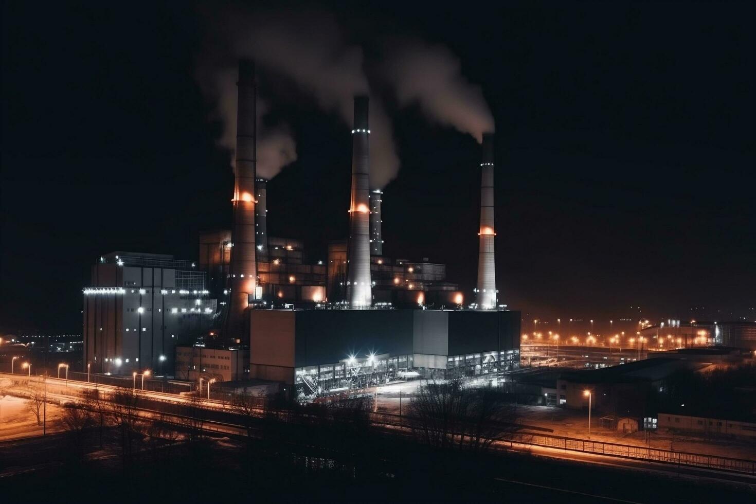 houtskool macht fabriek complex Bij industrieel wijk met drie schoorstenen Bij nacht generatief ai foto