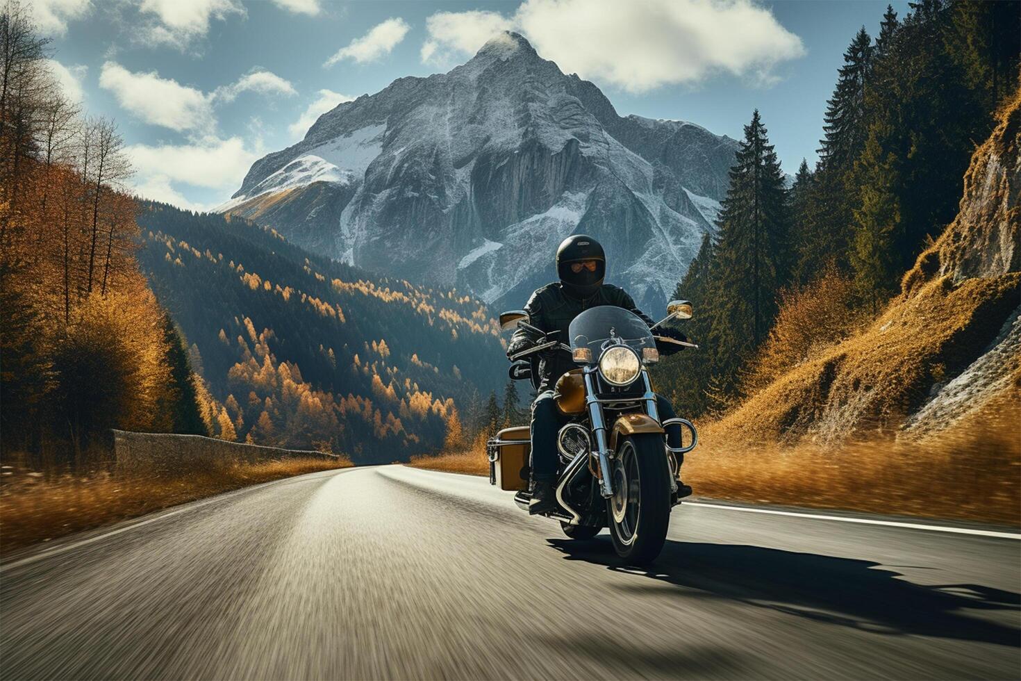 motorfiets bestuurder Aan een alpine snelweg ai gegenereerd foto