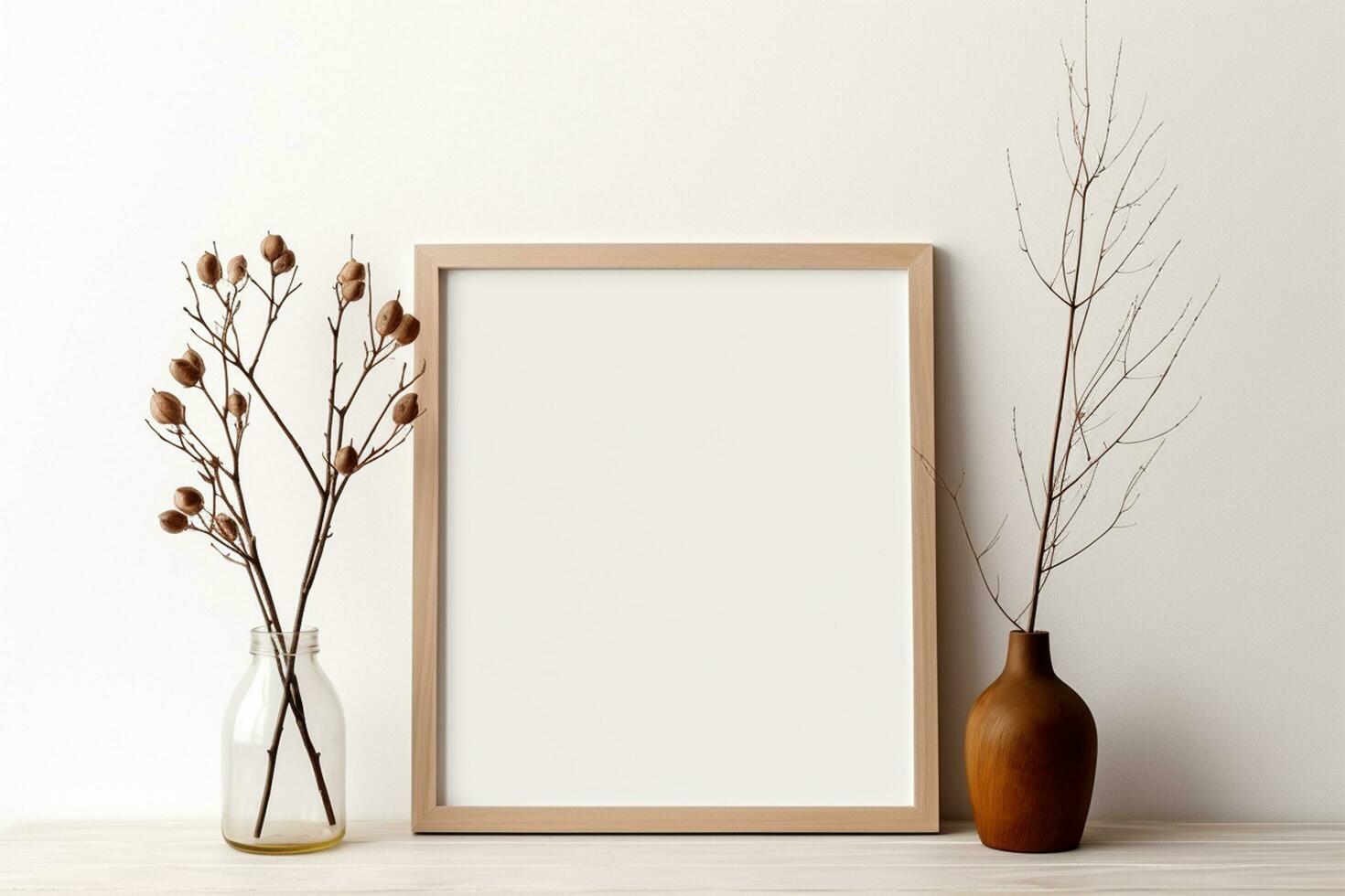 ai gegenereerd houten kader mockup in warm neutrale minimalistische rustiek interieur foto