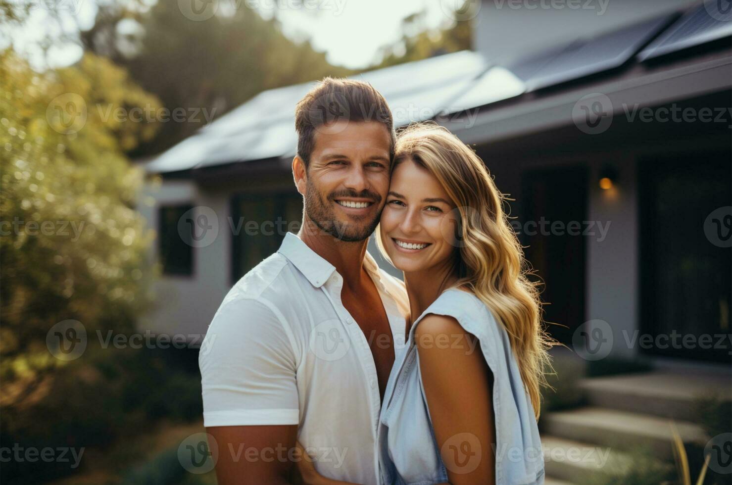 portret van gelukkig paar staand door huis met zonne- panelen Aan dak ai gegenereerd foto