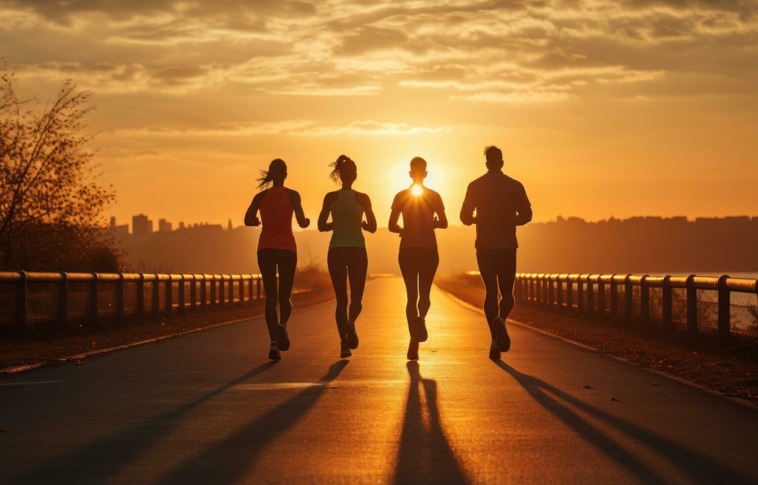 jogging door een brug met vrienden foto