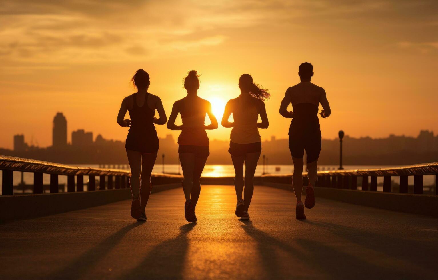 jogging door een brug met vrienden foto