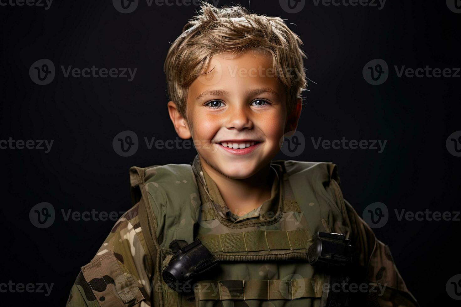 portret van een schattig weinig jongen in leger uniform Aan donker achtergrond ai gegenereerd foto