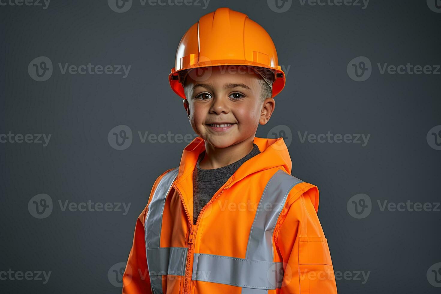 portret van een schattig weinig jongen in een bouw helm ai gegenereerd foto