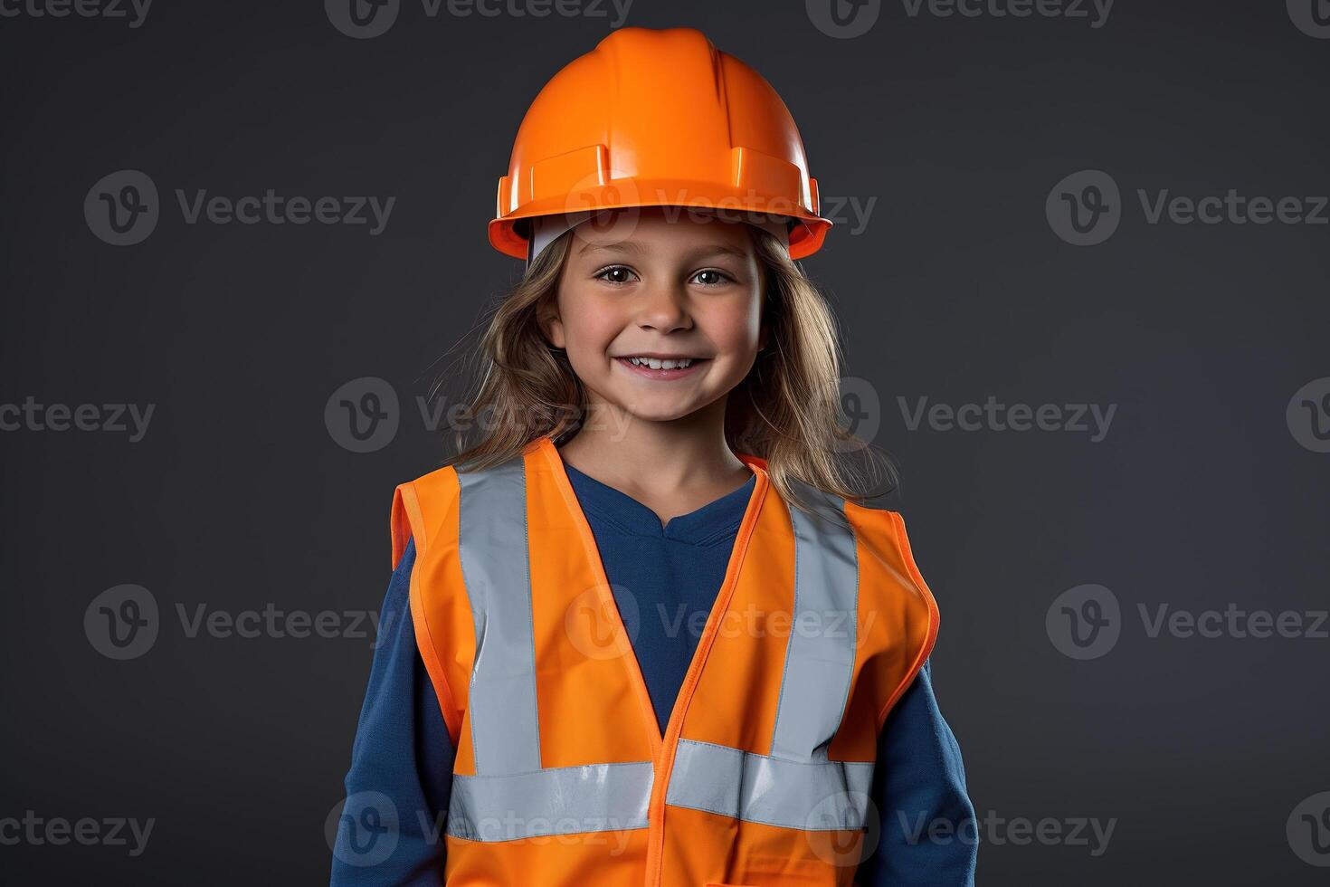 portret van een glimlachen weinig meisje in een bouw helm ai gegenereerd foto