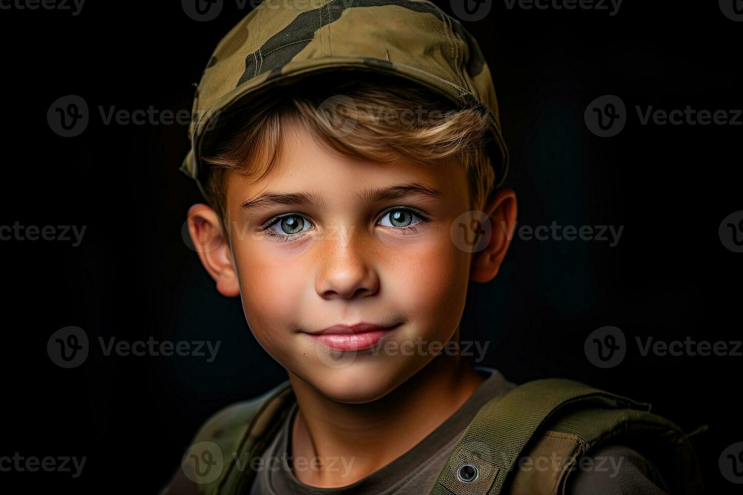 portret van een schattig weinig jongen in leger uniform Aan donker achtergrond ai gegenereerd foto