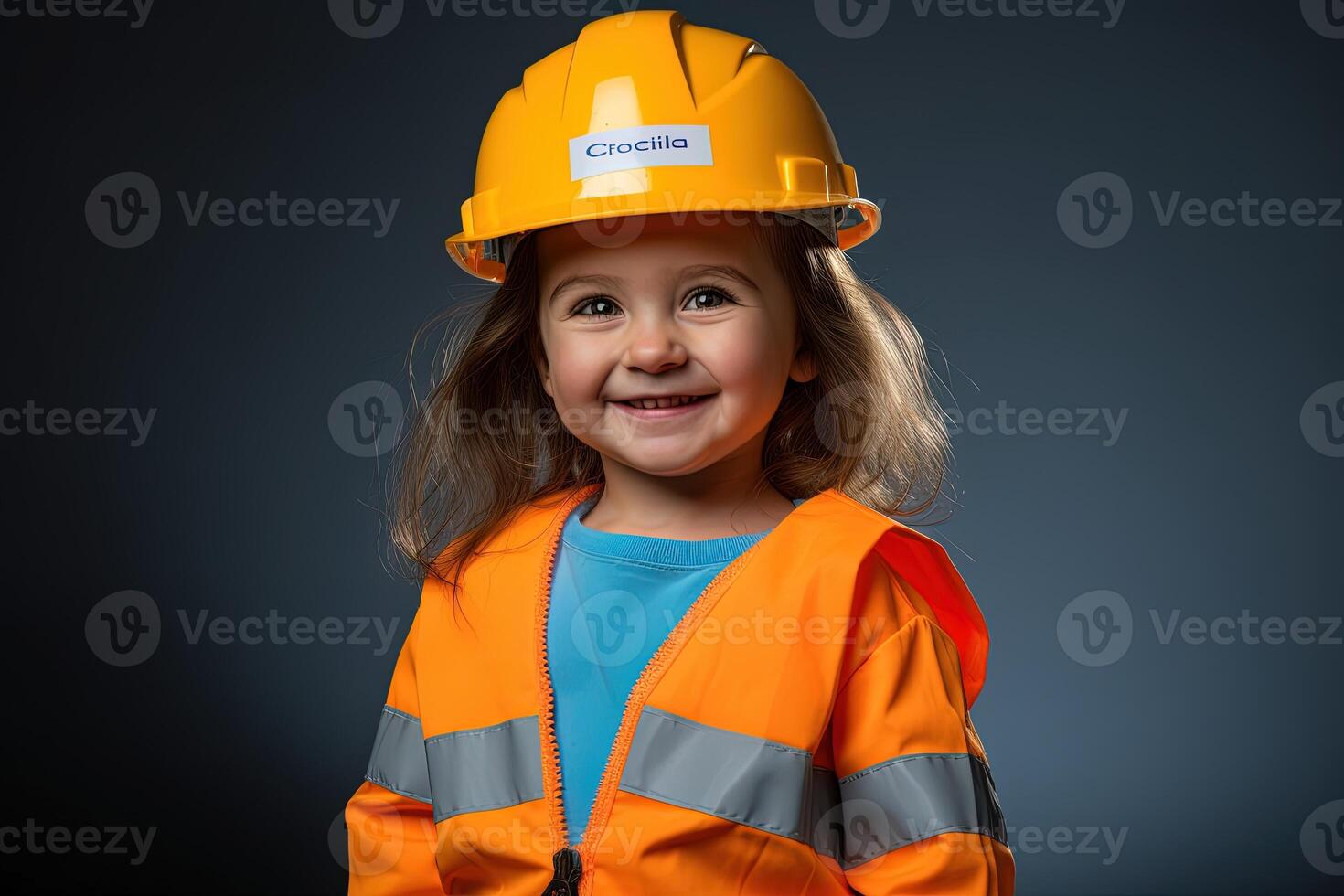 portret van een glimlachen weinig meisje in een bouw helm ai gegenereerd foto