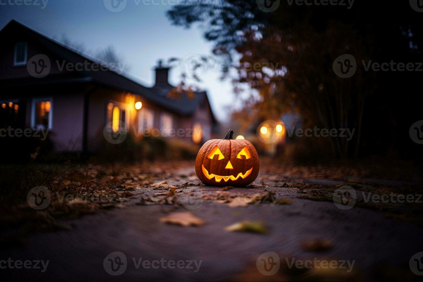 halloween pompoenen in voorkant van een huis Bij nacht, halloween achtergrond ai gegenereerd foto