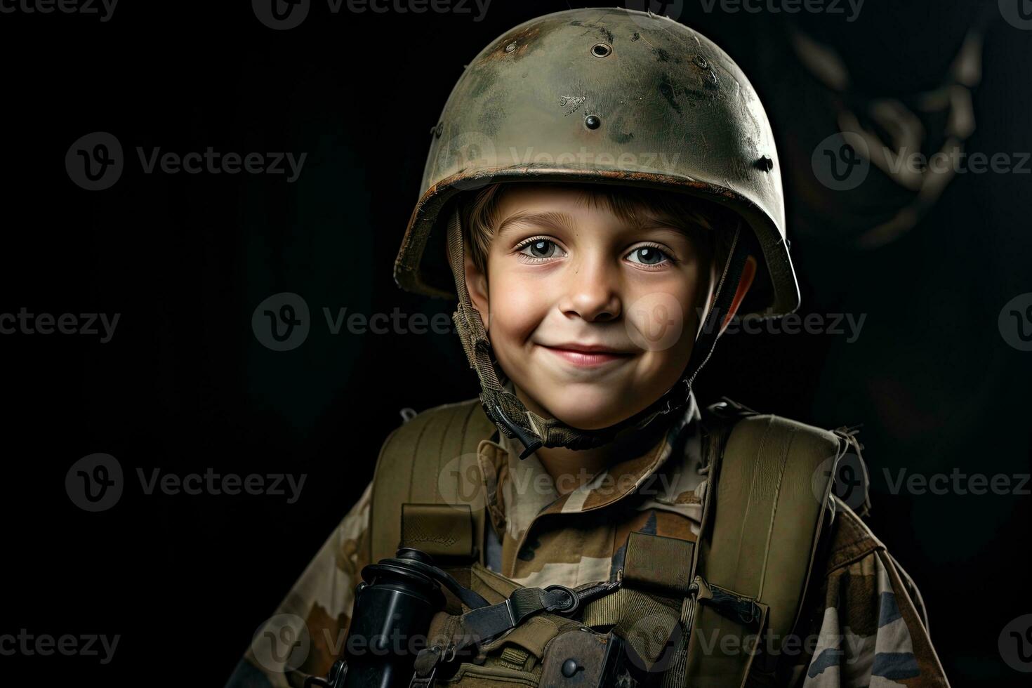 portret van een schattig weinig jongen in leger uniform Aan donker achtergrond ai gegenereerd foto