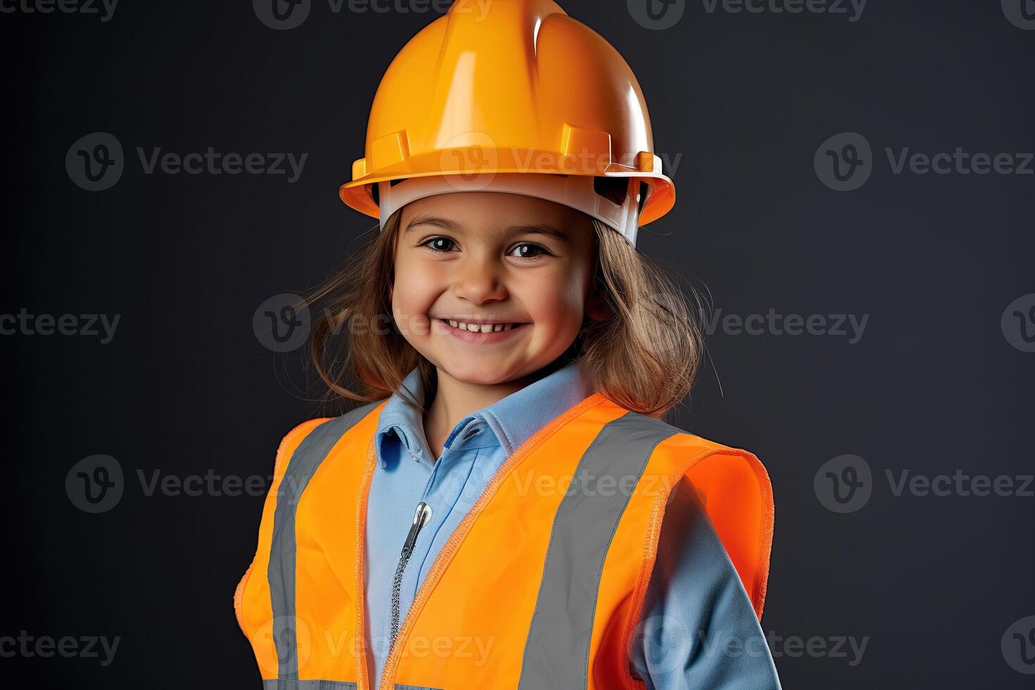 portret van een glimlachen weinig meisje in een bouw helm ai gegenereerd foto