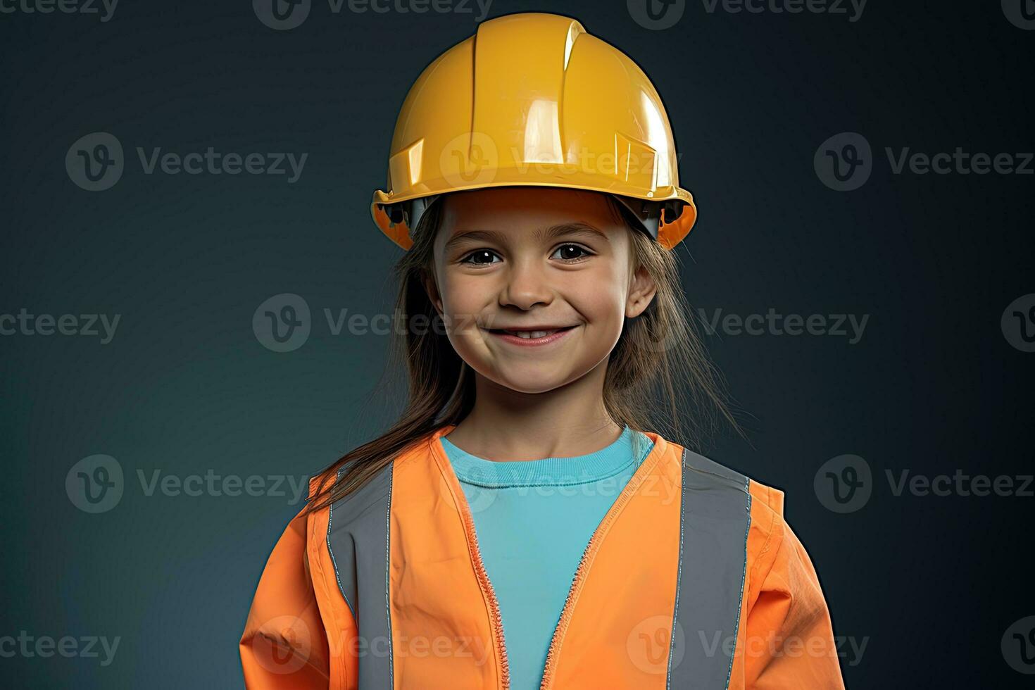 portret van een glimlachen weinig meisje in een bouw helm ai gegenereerd foto