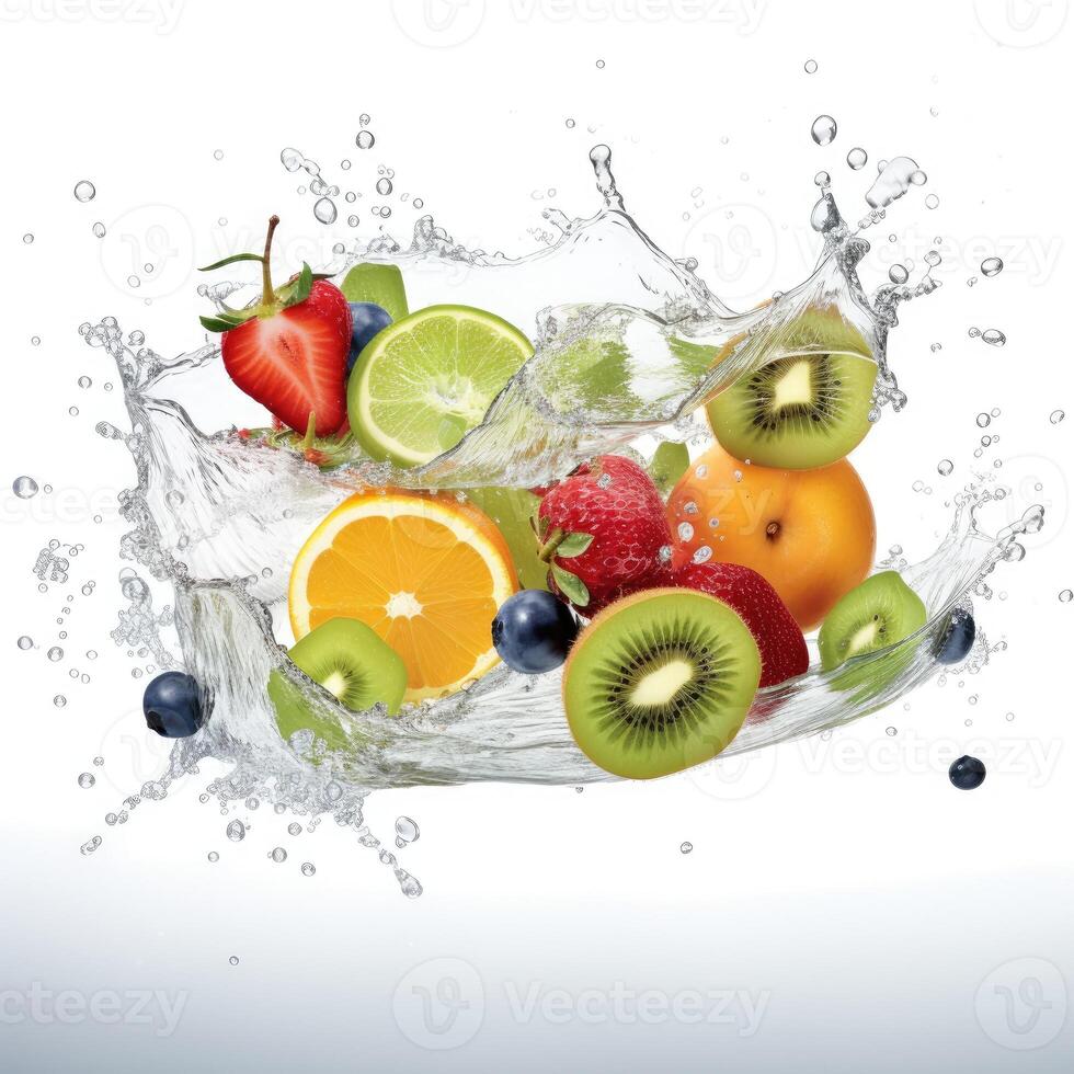 vers fruit en bessen in water plons Aan wit achtergrond. sappig fruit. generatief ai foto