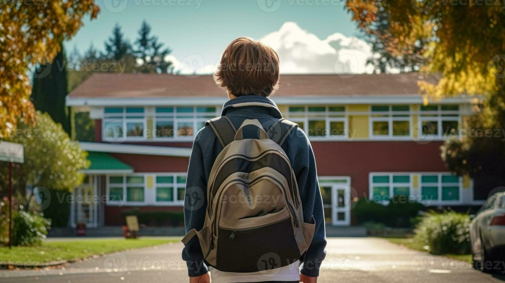 schooljongen met een rugzak gaat naar school- terug visie generatief ai foto