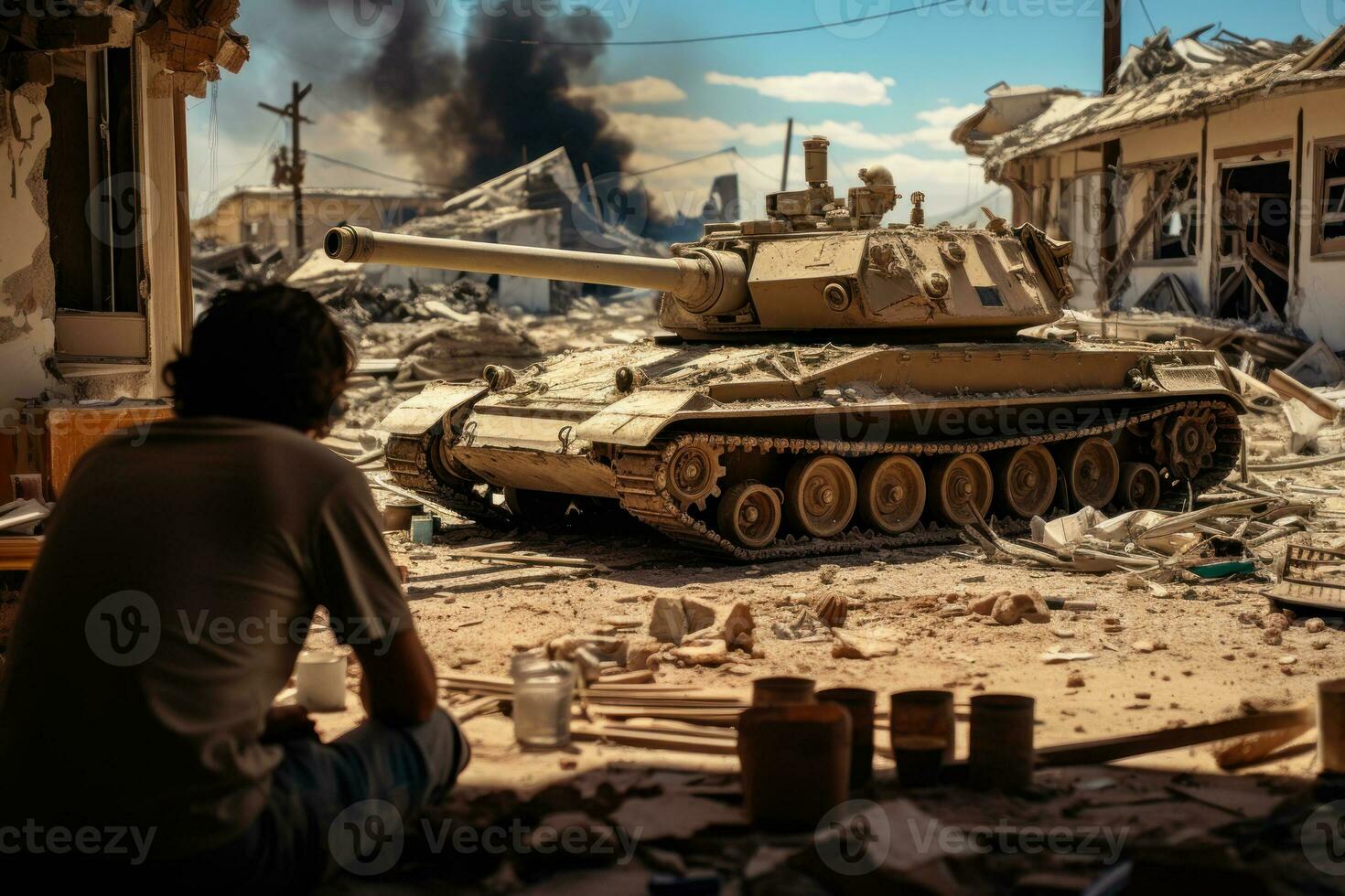een Mens horloges een tank vernietigen zijn straat en huizen generatief ai foto