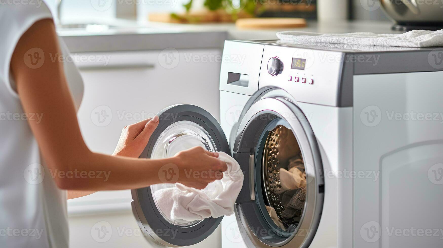 het wassen kleren in een het wassen machine generatief ai foto