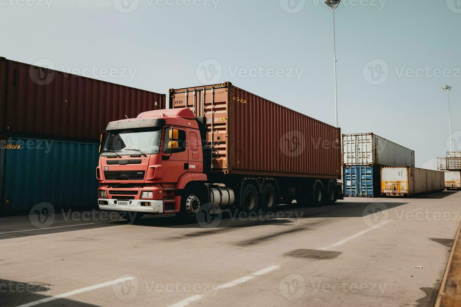 de vrachtauto staat in de industrieel haven tegen de achtergrond van containers gedurende lossen. concept van logistiek en levering onderhoud. ai generatief foto