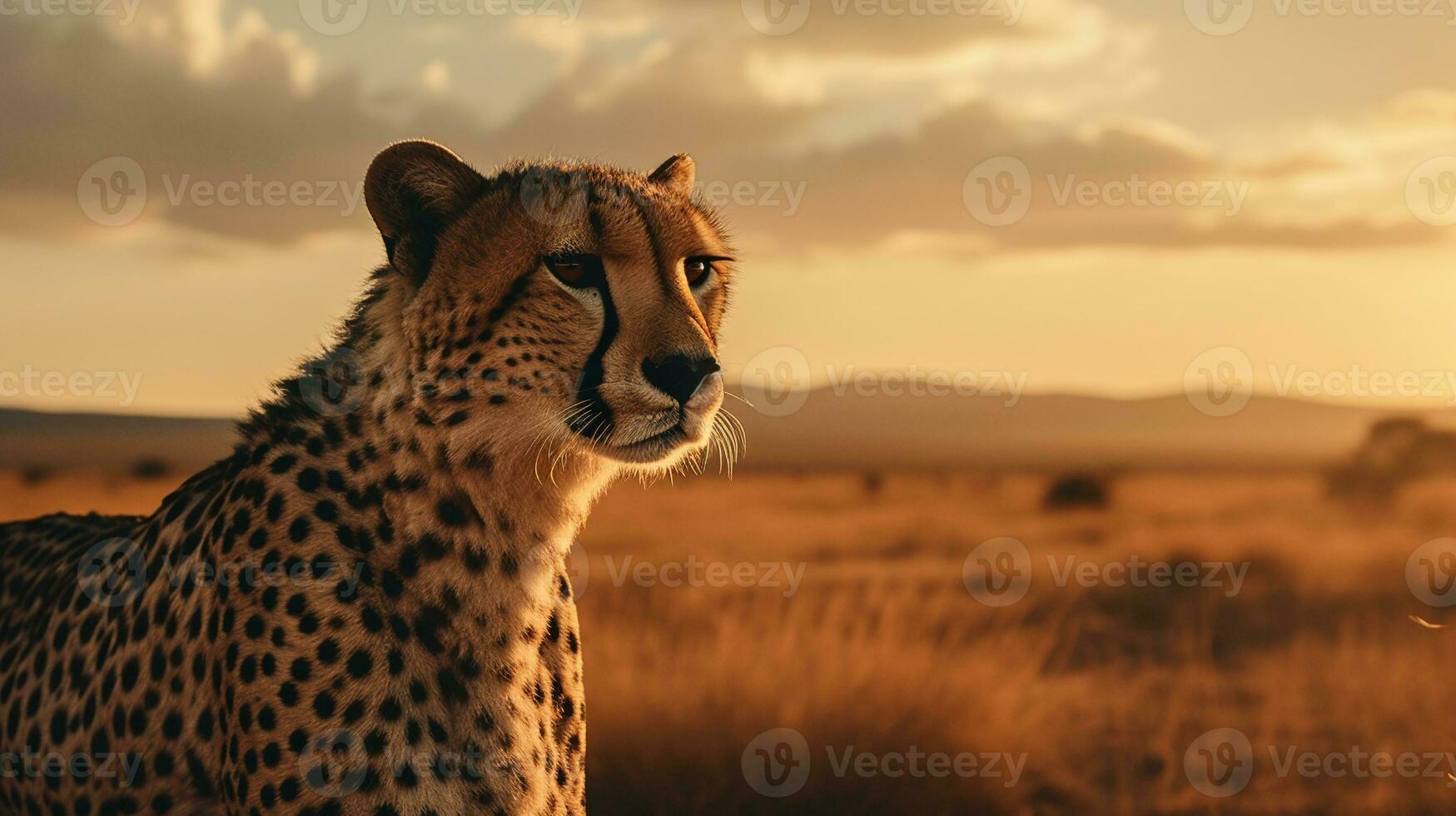 Jachtluipaard Aan de achtergrond van de Afrikaanse savanne, heet dag, dieren van Afrika. ai generatief foto