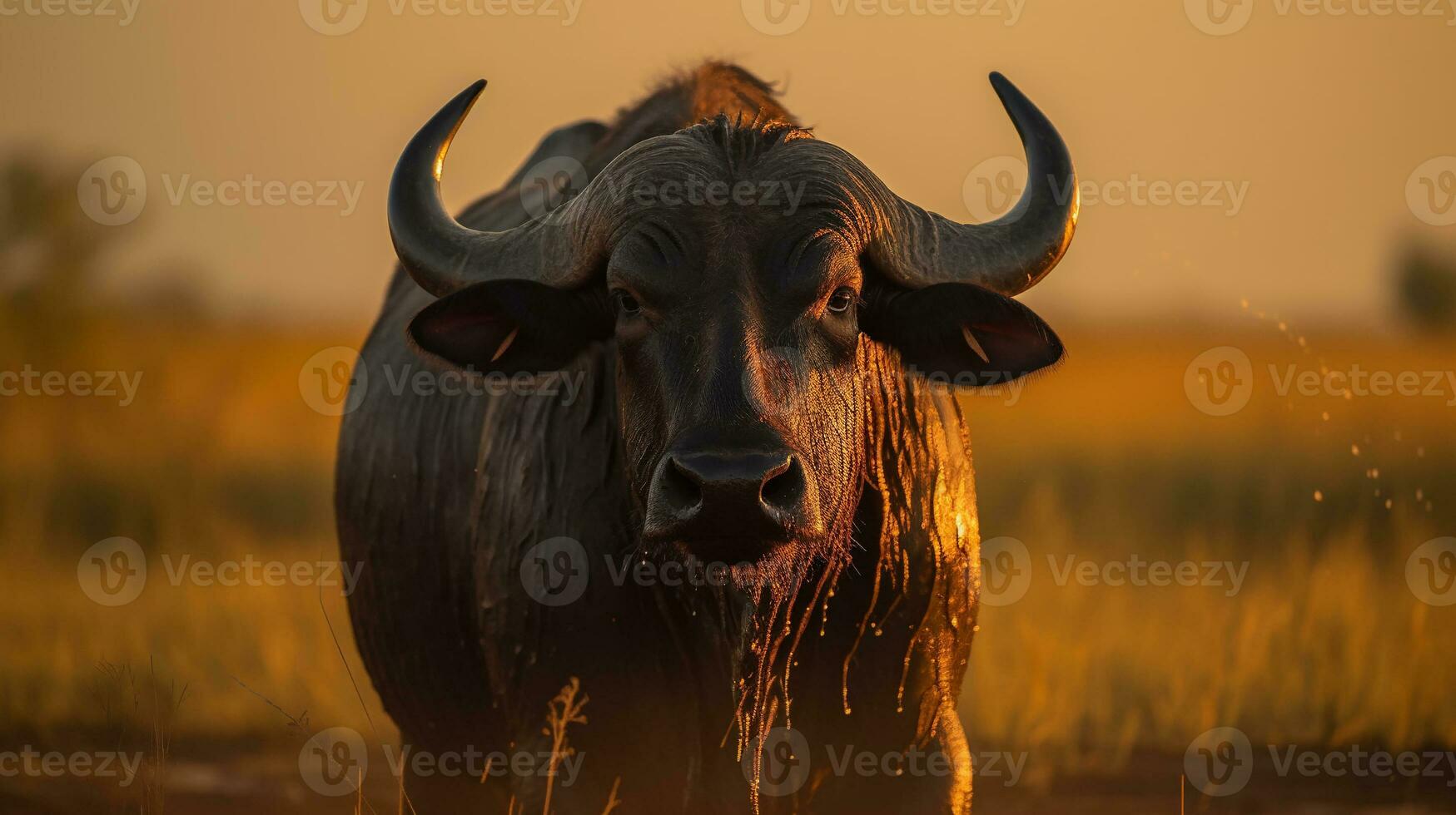 buffel Aan de achtergrond van de Afrikaanse savanne, heet dag, dieren van Afrika. ai generatief foto