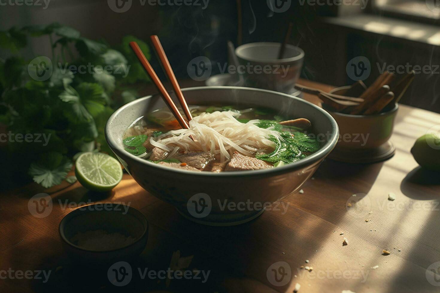 Vietnamees pho soep, vlees stukken en rijst- noedels in soep, eetstokjes, peterselie, limoen, Vietnamees ontbijt. ai generatief foto