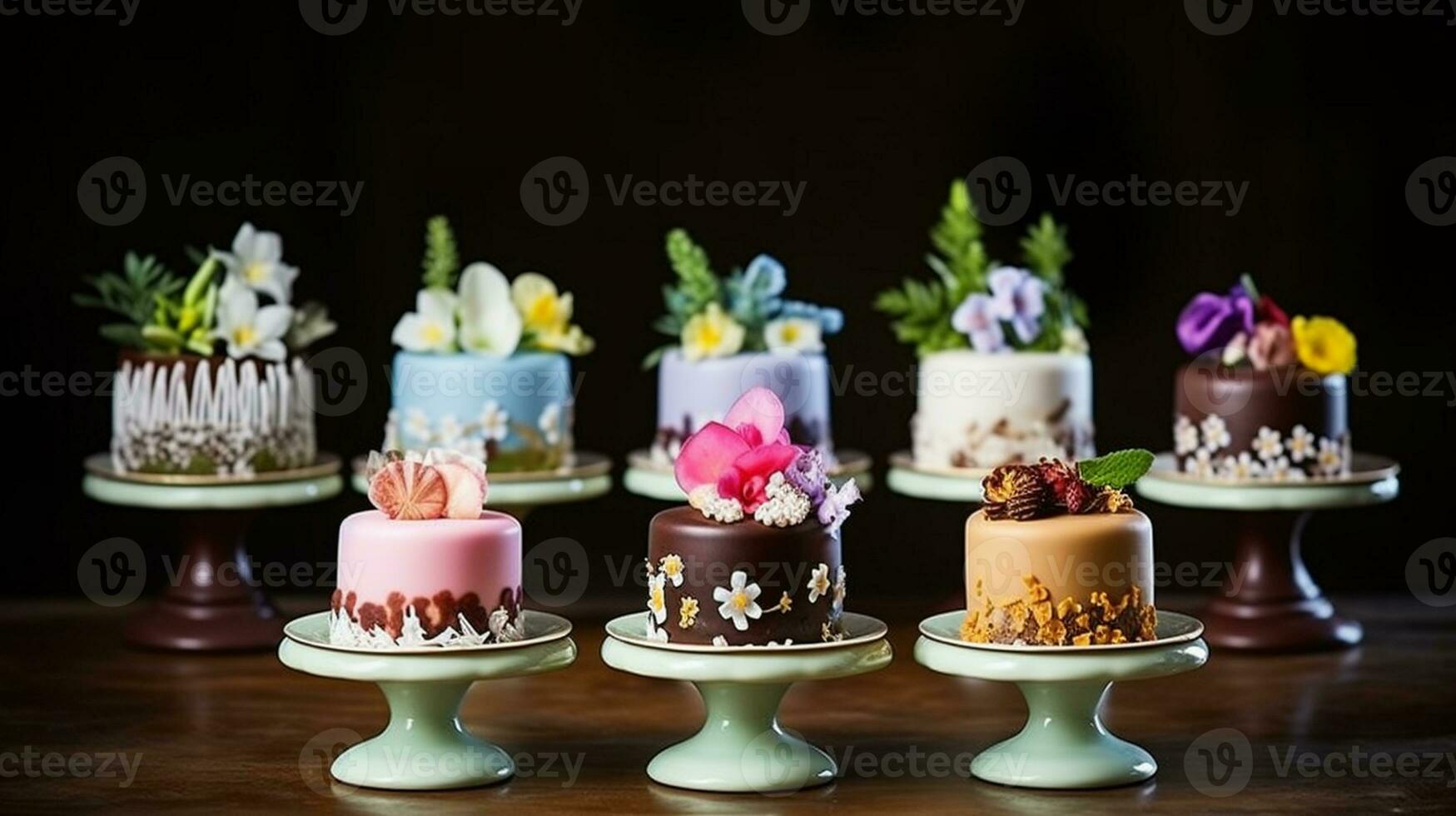 miniatuur chocola taarten, versierd met eetbaar bloemen. generatief ai foto