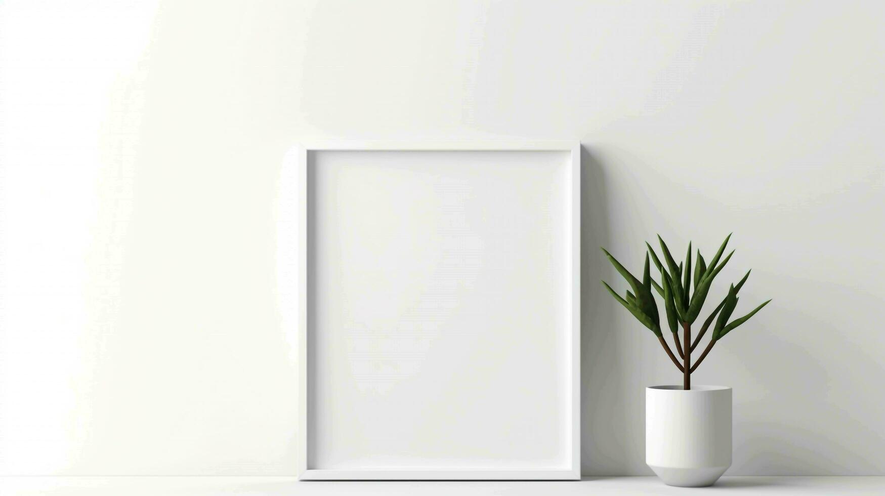 leeg plein kader mockup gepositioneerd Aan een wit muur in een modern de kader staat net zo een blanco canvas, ai gegenereerd foto