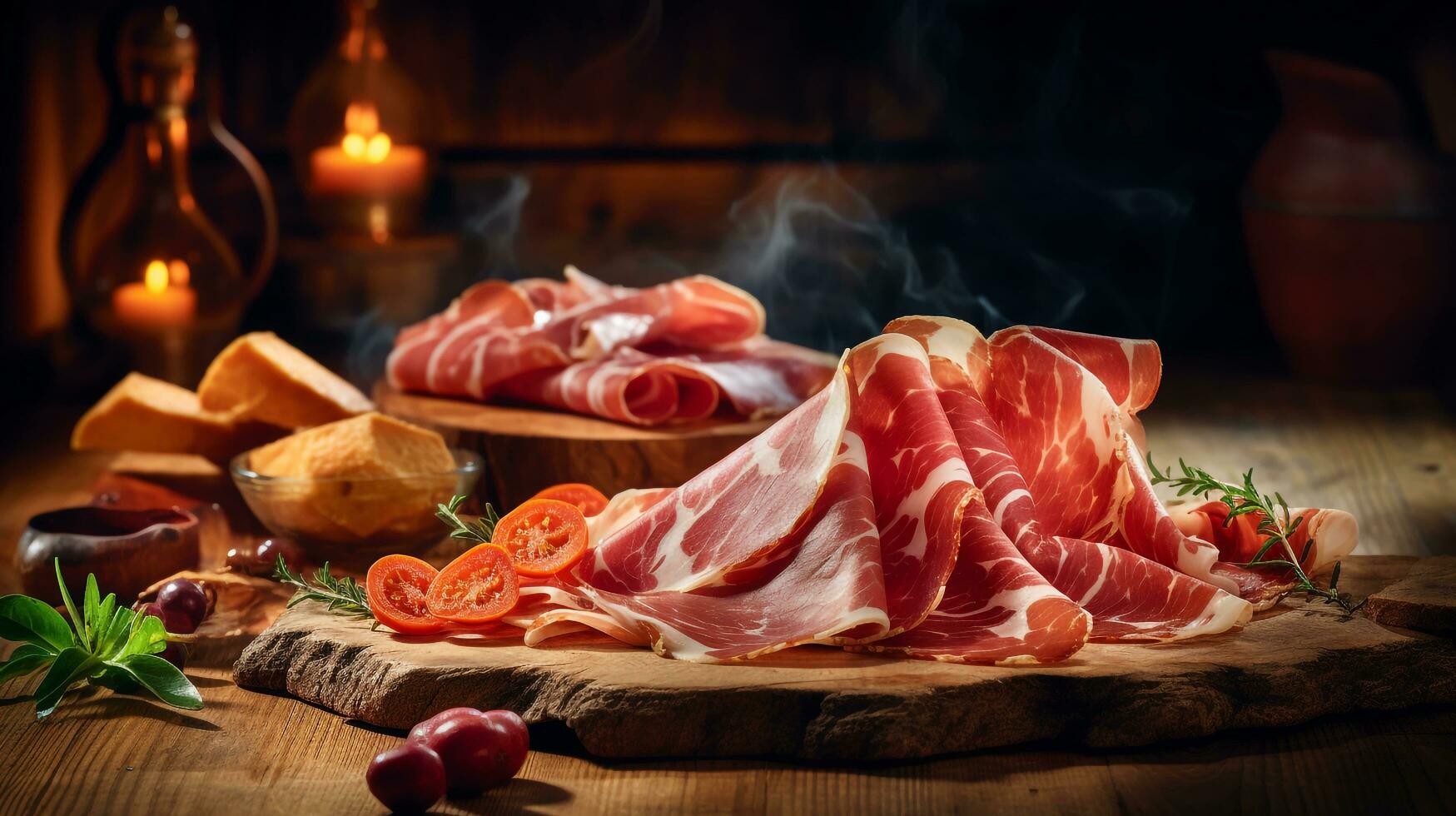 gesneden prosciutto worstjes vlek parmigiana, ai gegenereerd foto