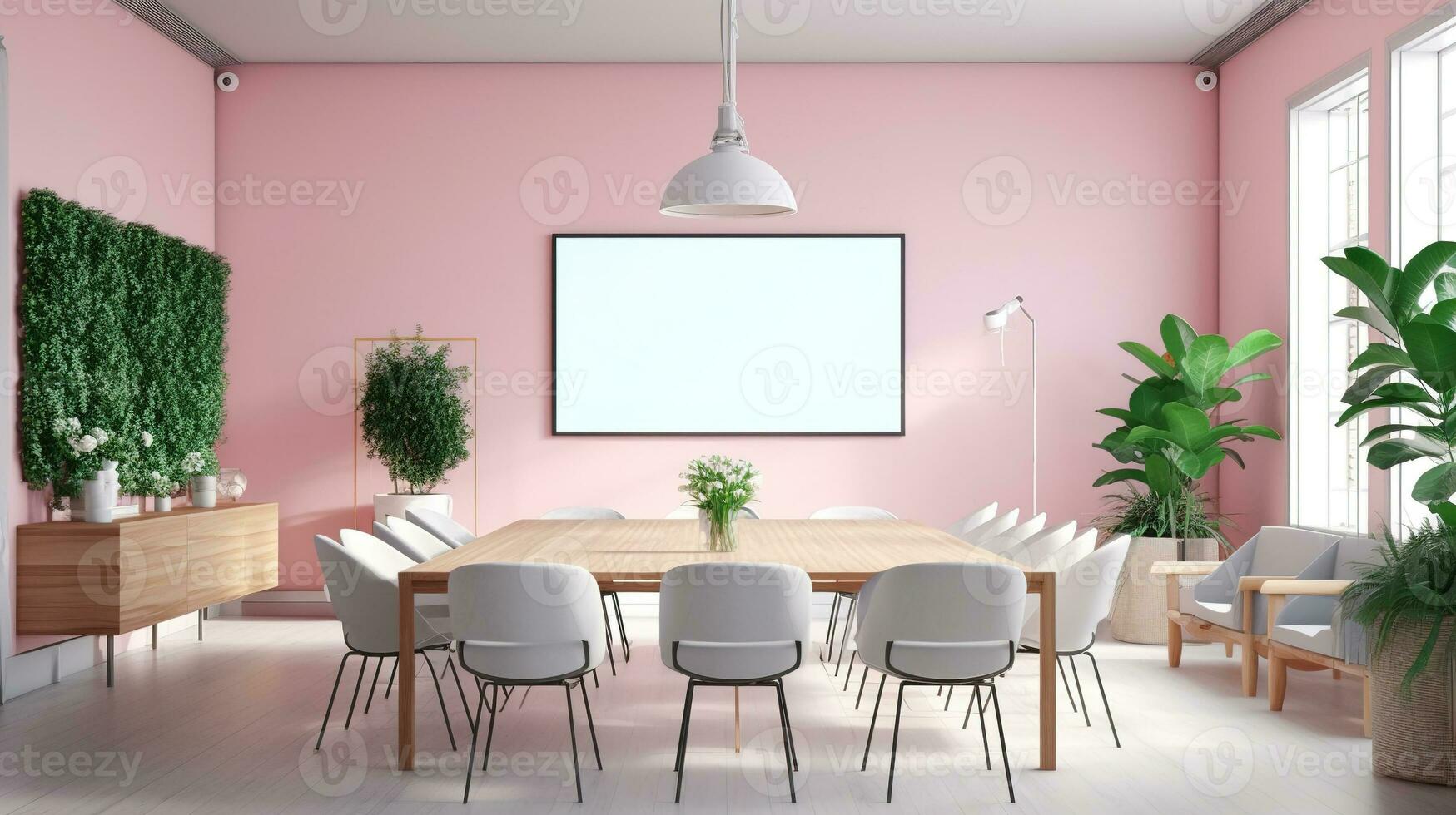 een mockup voor een single kader TV wit scherm, zacht roze muur, kantoor vergadering kamer. generatief ai foto