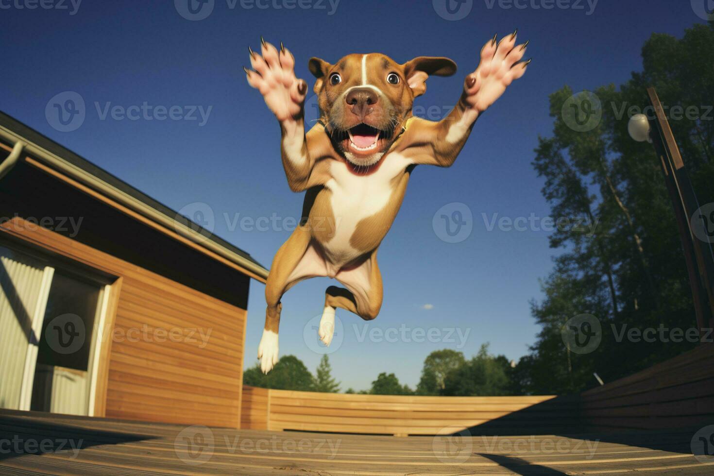 hond jumping grappig hond met gek ogen vliegend in de lucht. ai generatief foto
