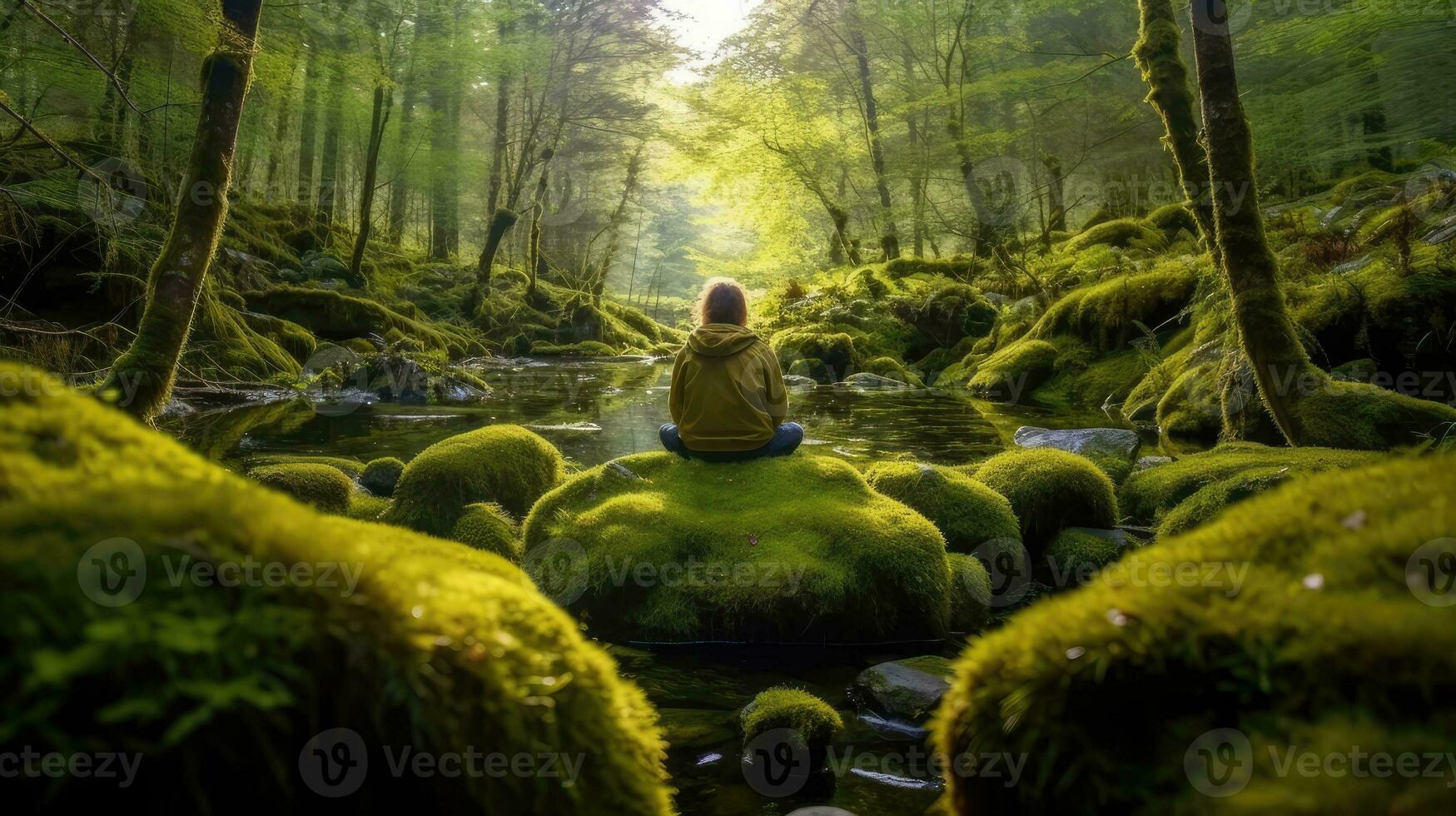 omarmen eenzaamheid in natuur. ontdekken de meditatief reis van een contemplatief meisje temidden van natuurlijk schoonheid foto