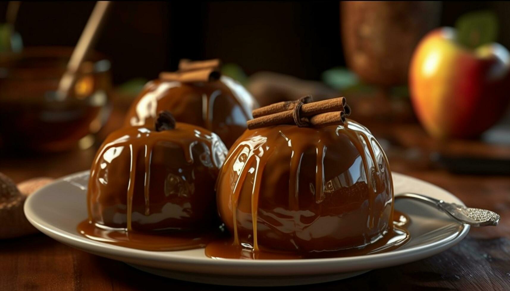 vers gebakken eigengemaakt chocola toffees smelt Aan een rustiek houten bord gegenereerd door ai foto