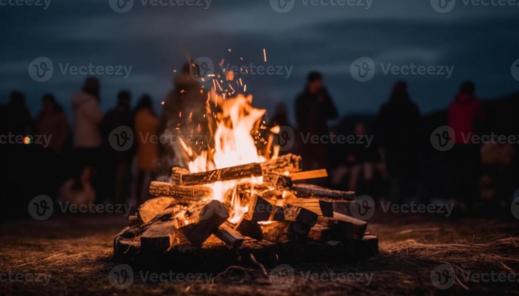 gloeiend vlammen verlichten de donker nacht, opwarming de buitenshuis avontuur gegenereerd door ai foto