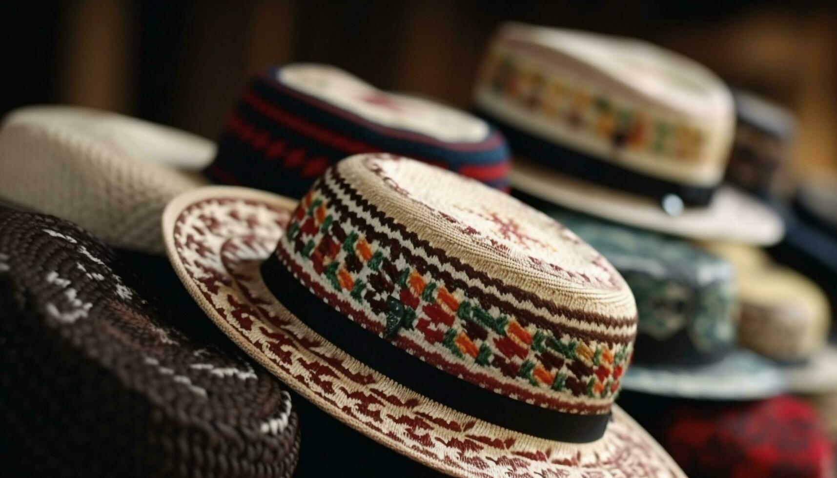 modieus hoofddeksels weerspiegelt verschillend culturen in souvenir kleding en ambacht gegenereerd door ai foto