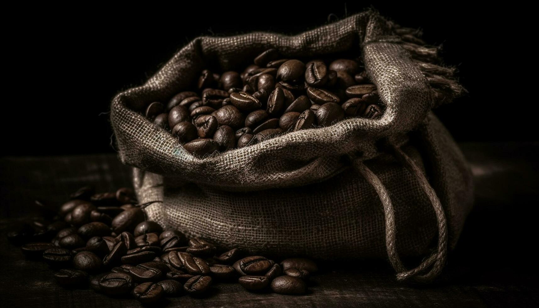 een donker jute zak houdt de aromatisch koffie bonen strak gegenereerd door ai foto