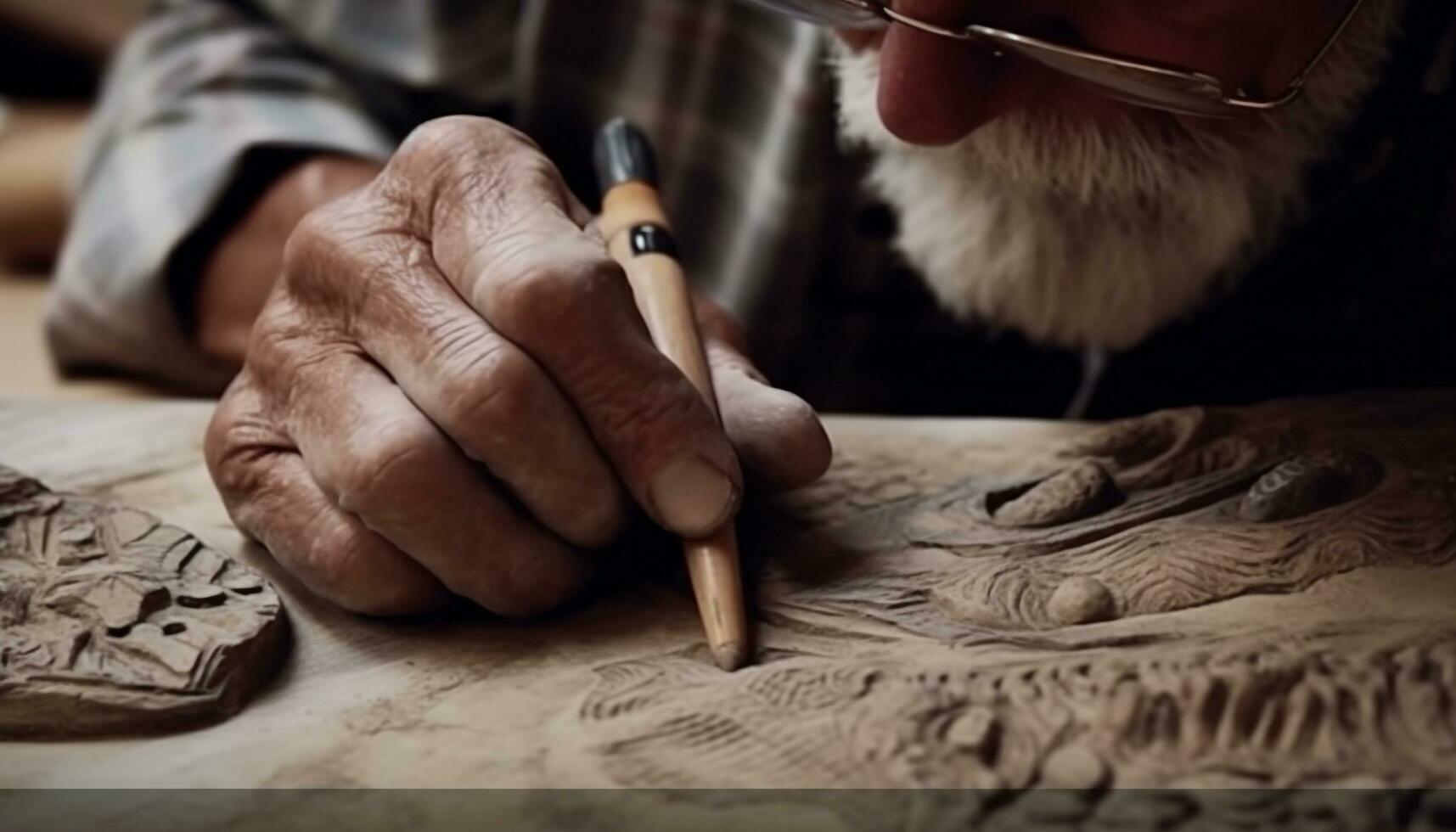 senior volwassen vakman werken Aan hout, handgemaakt kunst met precisie gegenereerd door ai foto