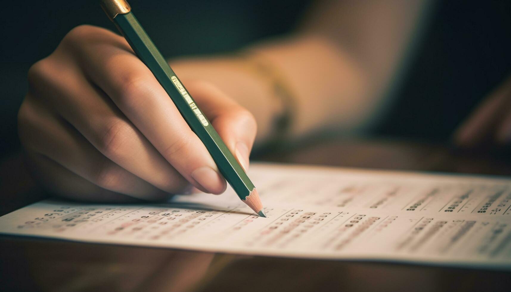 handschrift Aan papier, leerling aan het studeren, dichtbij omhoog van pen en potlood gegenereerd door ai foto